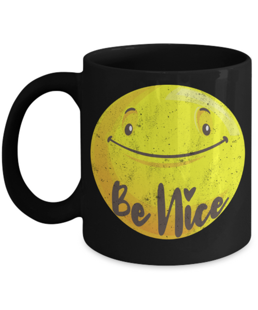 Smiley Lovers Mugs, Be Nice Smiley - Funny Black Porcelain Coffee 11 oz