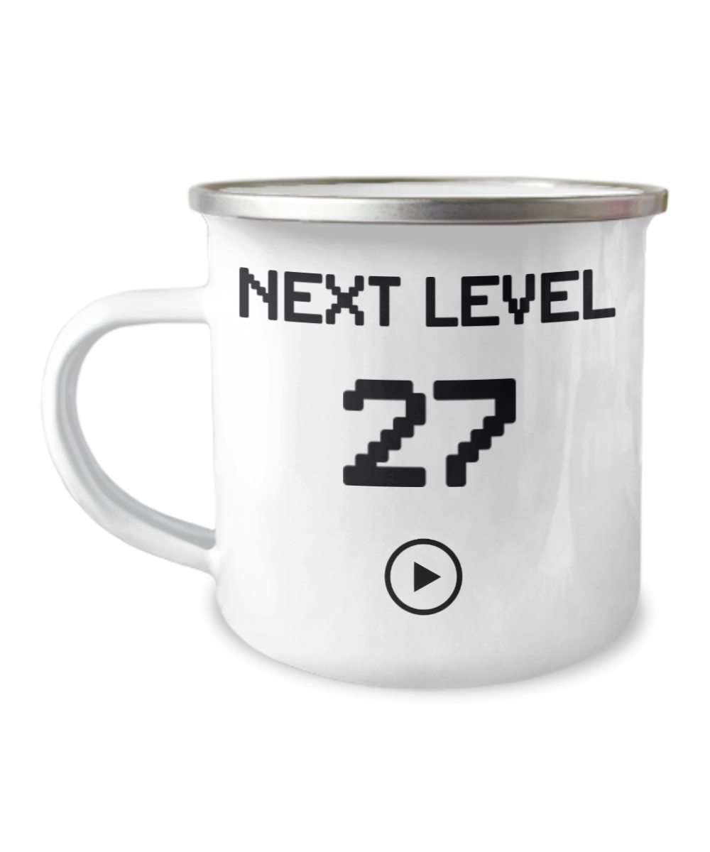 27th Birthday Special Gift Coffee Mug, Next Level 27, Gamer Coffee Mug, Birthday Mug- 12 Oz Stainless Steel Enamel Finish White Camper Coffee Mug