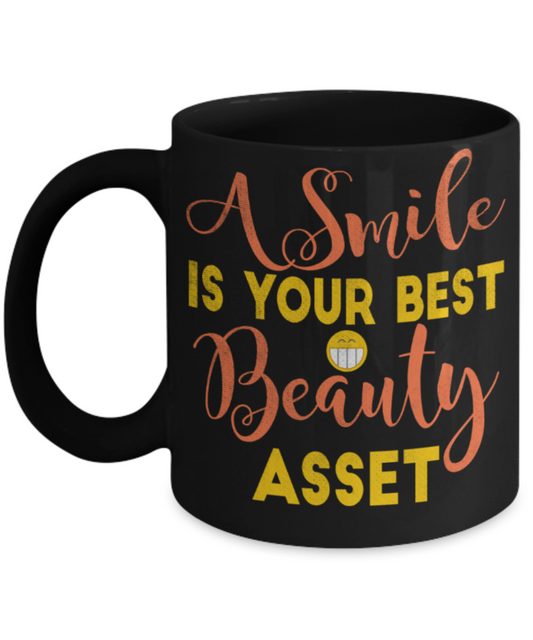 Smile lovers Mugs, A smile is your best beauty asset - Funny Black Porcelain Coffee 11 oz