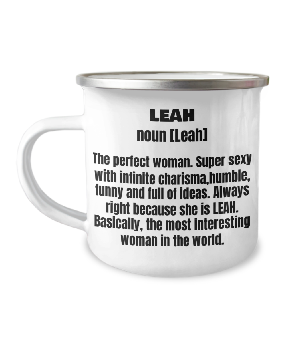 Leah First Name Adult Definition -Premium 12 Oz Stainless Steel Enamel Finish White Camper Coffee Mug