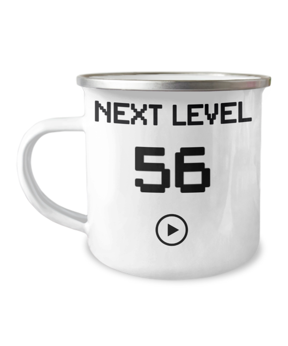 56th Birthday Coffee Mug, Next Level 56, Gamer Coffee Mug, Birthday Mug- 12 Oz Stainless Steel Enamel Finish White Camper Coffee Mug