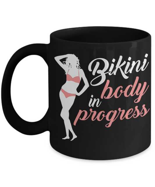 Bikini Girl Coffee Mug, Bikini Body In Progress-Black Porcelain Coffee Mug 11 oz For Daughter,Teen,Women, Girlfriend