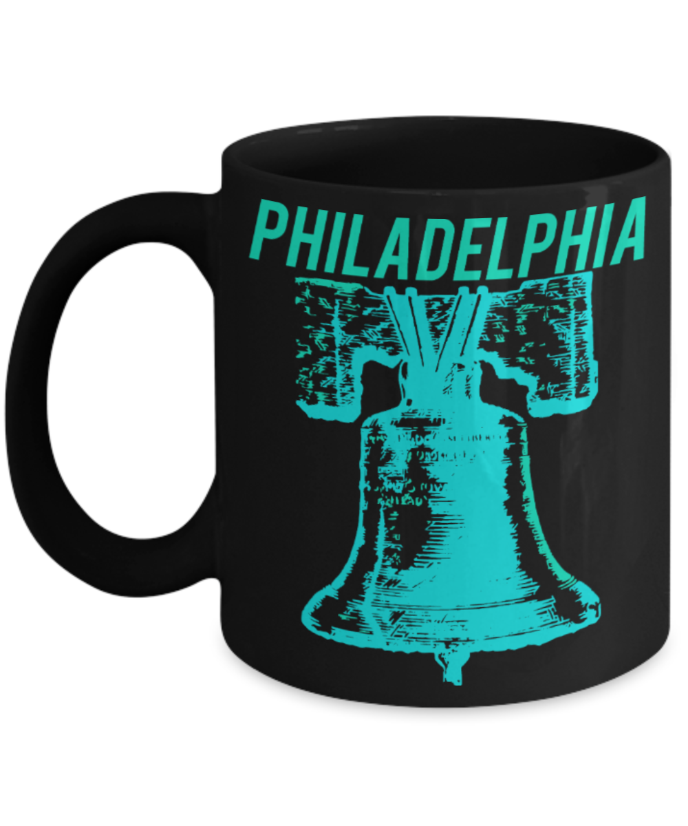 Philadelphia Lovers Mugs , Philadelphia Bells - Black Coffee Mug Porcelain Tea Cup 11 oz - Great Gift