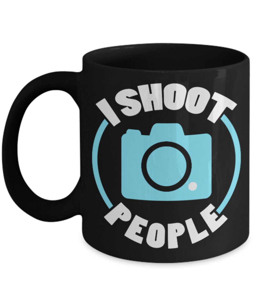 Camera Lovers Mugs , I shoot people - Black Coffee Mug Porcelain Tea Cup 11 oz - Great Gift