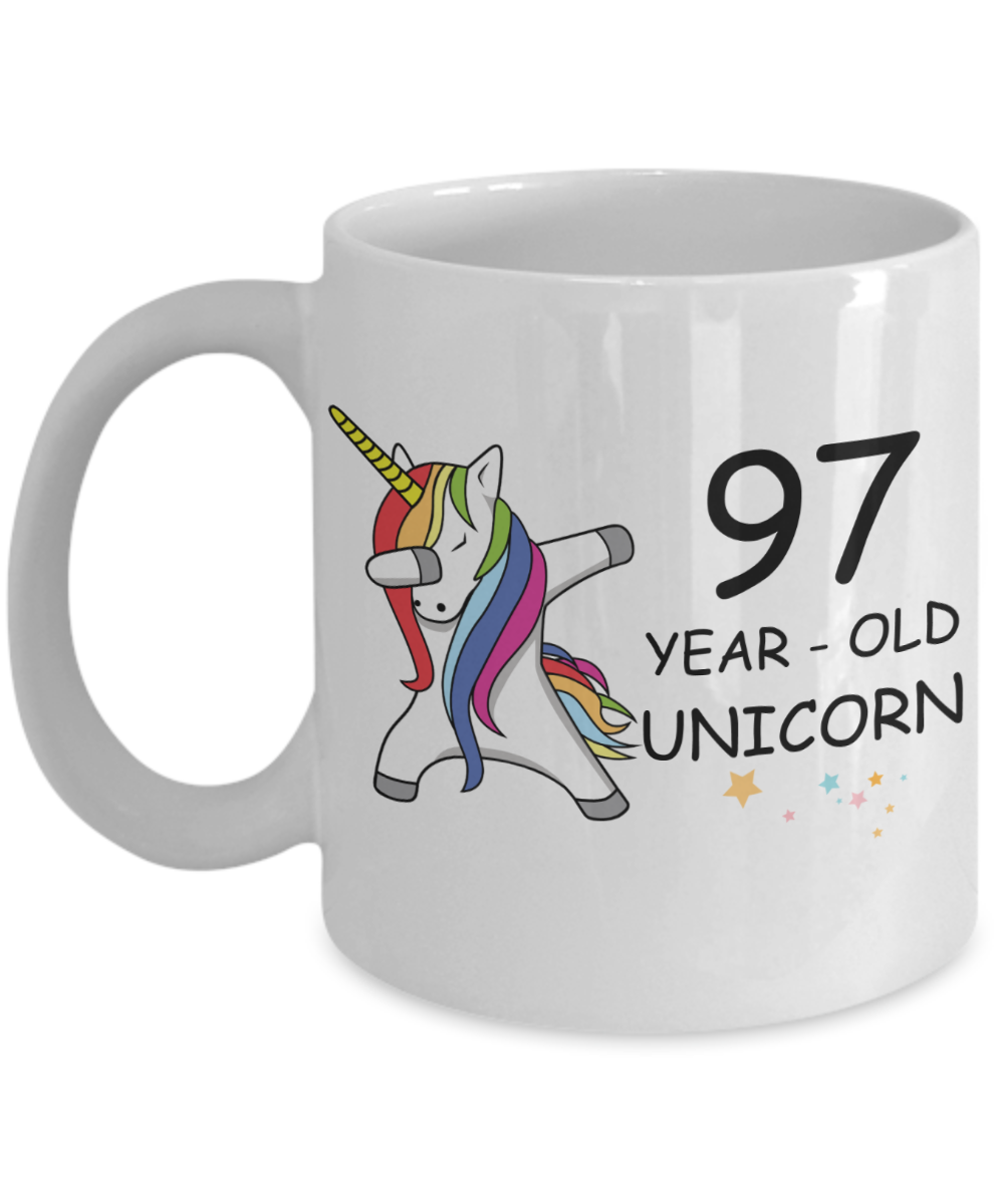 Unicorn Birthday gift 97th Birthday Gift for Women - 97 Year Old Unicorn Dabbing Mug - Funny White Porcelain Coffee 11 oz, 97th Anniversary Bday Gift for Grandma, Mom, Sister, Bestie - Legends are Born In 1923