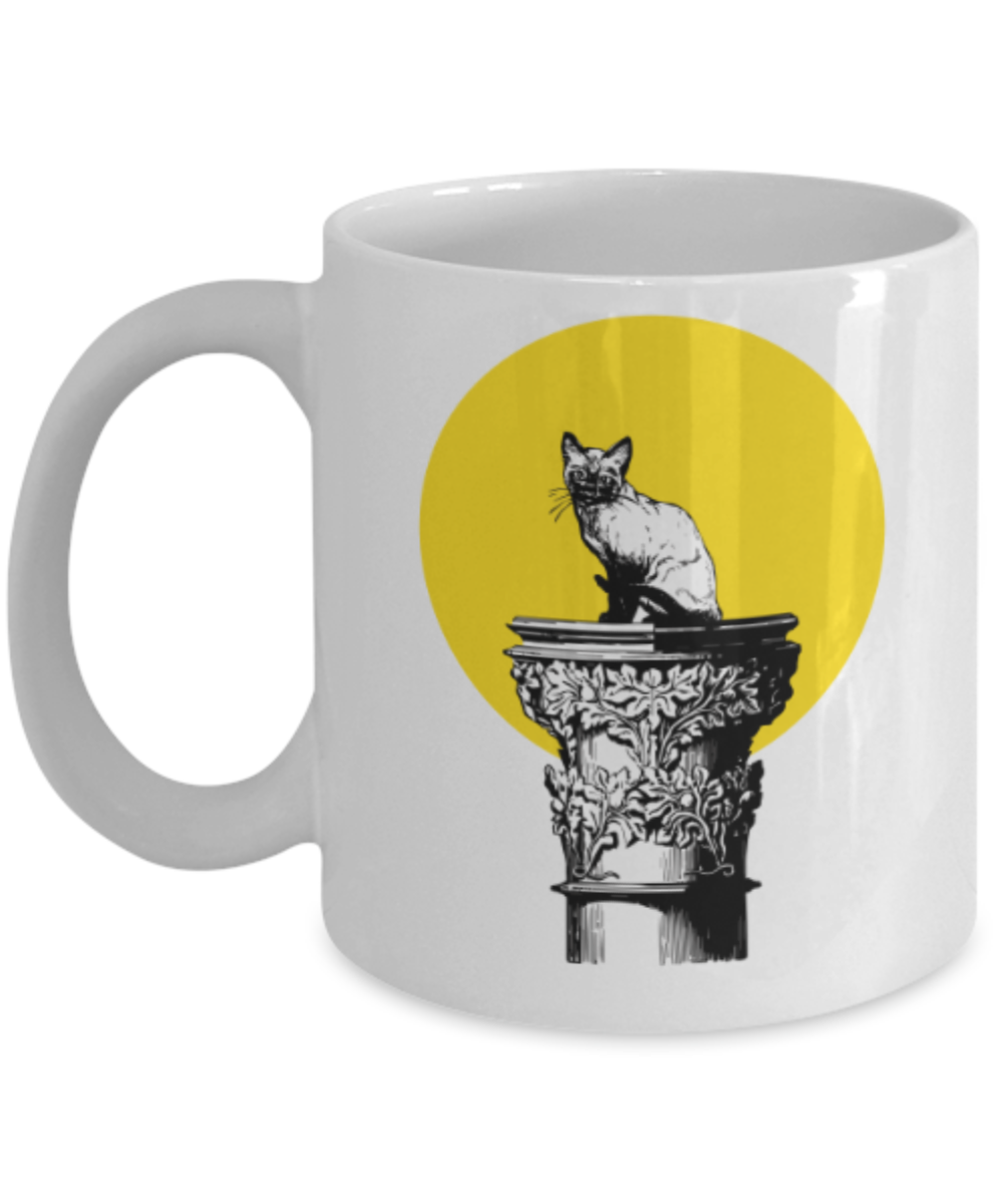 Funny coffee mugs , Pussy On A Pedestal - White Coffee Mug Porcelain Tea Cup 11 oz - Great Gift