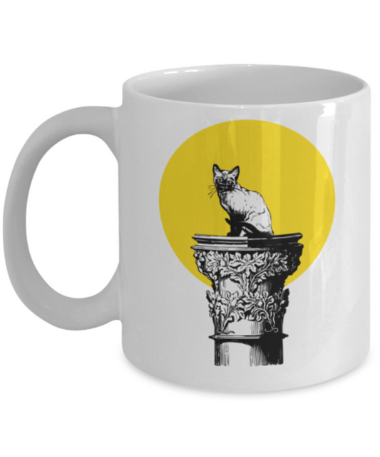Funny coffee mugs , Pussy On A Pedestal - White Coffee Mug Porcelain Tea Cup 11 oz - Great Gift
