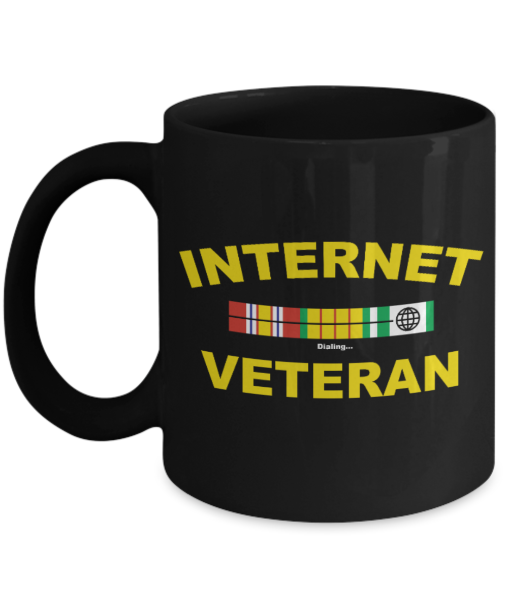 Pop culture lovers mugs , Internet Veteran - Black Coffee Mug Porcelain Tea Cup 11 oz - Great Gift