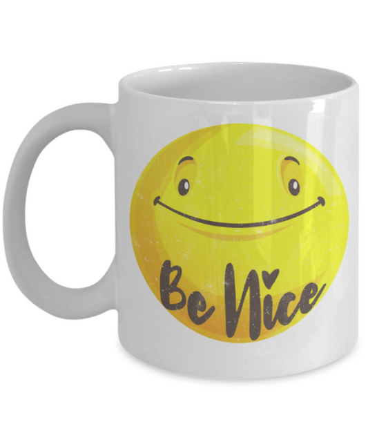 Smiley Lovers Mugs, Be Nice Smiley - Funny White Porcelain Coffee 11 oz